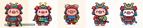 cute pig vector wearing samurai armor
