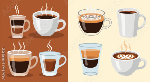 Selection of various coffee drinks such as espresso latte and cappuccino served in glass mugs and ceramic cups against a two tone background.