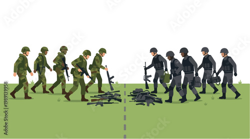 vector of different army troops making peace, carrying out a ceasefire 6
