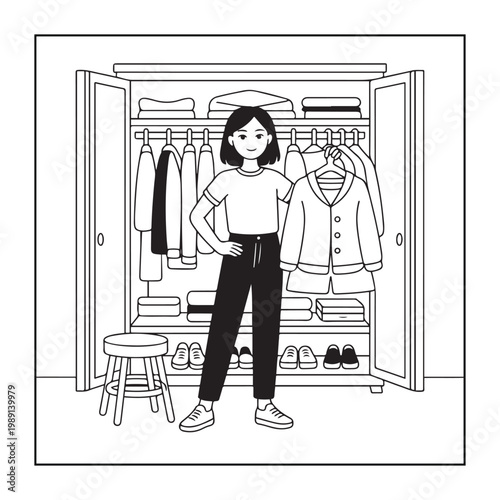 Rich girl moments: Bold and easy coloring pages for adults. line art illustration.