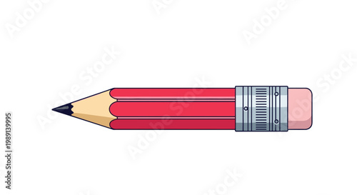 Simple illustration of a short red pencil with an eraser and a sharpened graphite tip isolated on a clean white background.