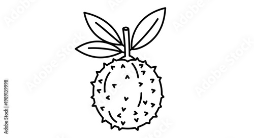 A simple line drawing of a spiky fruit with leaves on a white background.
