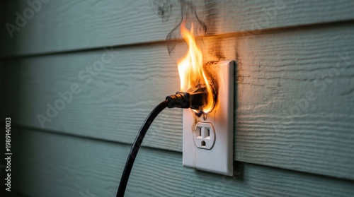 Dangerous electrical fire hazard with short circuiting wall outlet electricity emergency electrical accident