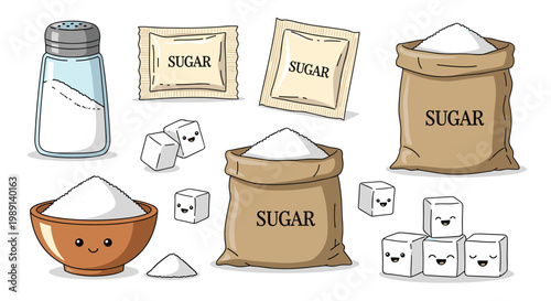 Variety of sugar products including packets bags of granulated sugar and cute sugar cube characters with faces on a white background.