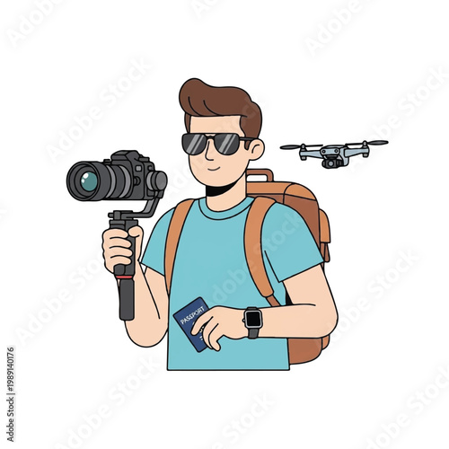 Young man with camera drone and passport ready for travel adventure.