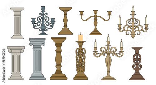 Elegant collection of vintage and classical candlesticks and candelabras in different materials and designs isolated on a white background.