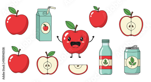 Set of apple themed illustrations including whole fruit halves juice cartons bottles and cans with a happy apple character on white background.