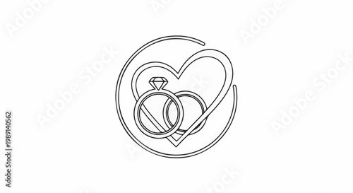 Minimalist line art of intertwined wedding rings and heart