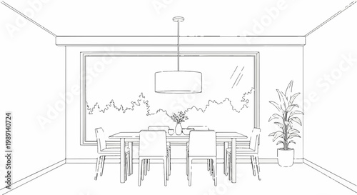 Minimalist dining room sketch with a large window and plant