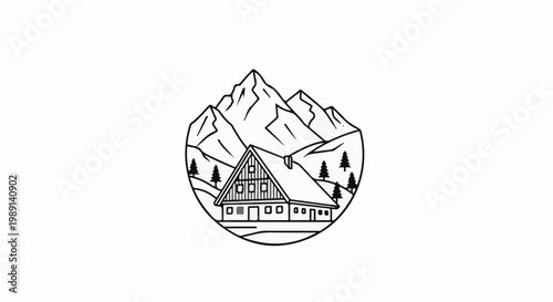 Mountain cabin nestled among peaks, surrounded by pine trees