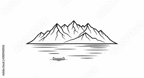 Mountain range reflected in water with a small canoe