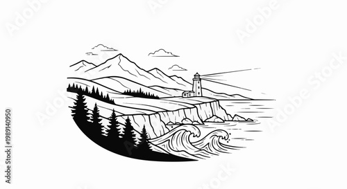 Mountainous coastal landscape with a lighthouse guiding ships with its beam