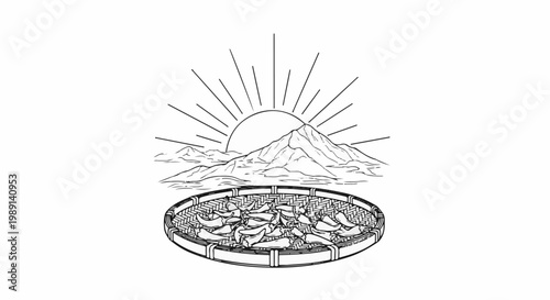 Mountain sunrise over basket of dried peppers on woven tray