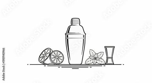 Minimalist outline of bar tools and ingredients for a cocktail