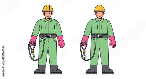 A pair of confident industrial workers depicted in a vector illustration wearing safety equipment and hard hats.