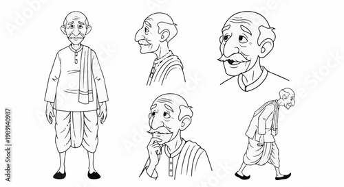 Multiple line drawing depictions of an elderly man in traditional attire