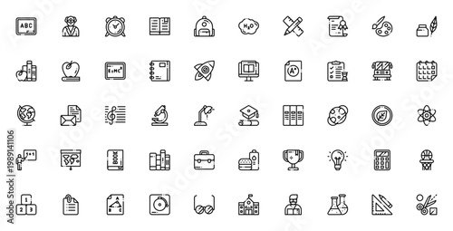 Back to School Icon Set. Vector Illustration Pack with ABC, Book, Backpack, Globe, Microscope, Calculator and More. Minimal Line Icons for Education, Science, Study.