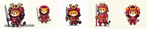 cute lion vector wearing samurai armor