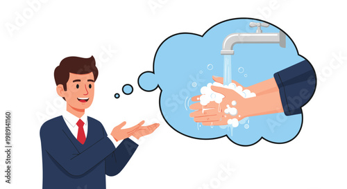 Businessman in a dark suit gesturing toward a thought bubble showing a person washing their hands with soap under a water tap.