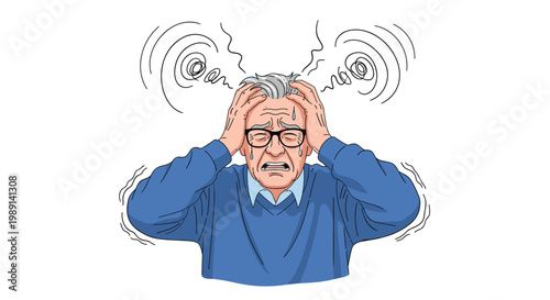 Elderly man wearing glasses and a blue sweater clutching his head in pain while experiencing a severe headache or extreme stress.
