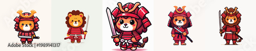 cute lion vector wearing samurai armor