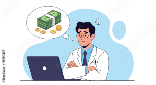 Concerned male doctor in a white coat looking at his laptop and thinking about a stack of money and gold coins in a thought bubble.