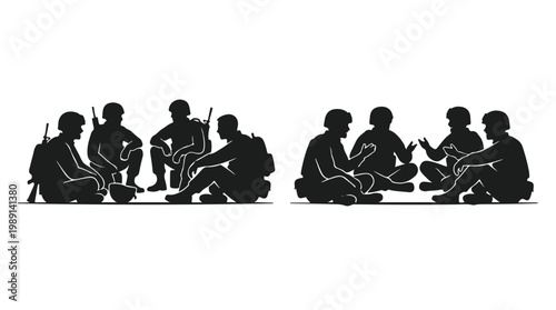 silhouette illustration vector of different army troops making peace, carrying out a ceasefire 5