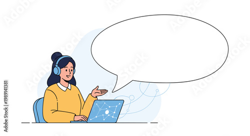 Friendly customer support representative sitting at her laptop wearing headphones with a large blank speech bubble for text.
