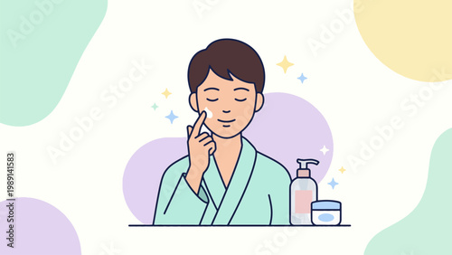 A man in a robe applying face cream as part of his daily skincare routine, with beauty products nearby.