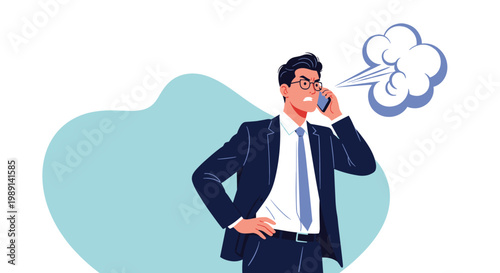 Angry businessman in a suit and glasses shouting while on a phone call with steam blowing out of his ears to show frustration.