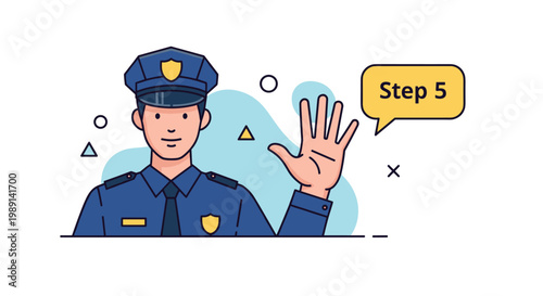 Friendly police officer in a blue uniform waving his hand next to an orange speech bubble labeled Step 5 for a project guide.