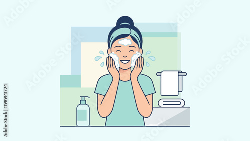 A smiling woman with a headband washing her face with foamy cleanser in a bathroom.