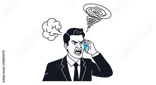Very angry businessman in a black suit shouting while on a phone call with steam and a frustration swirl above his head.