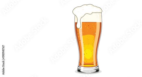 Tall glass of cold light beer with a thick head of white foam overflowing down the side of the glass on a white background.