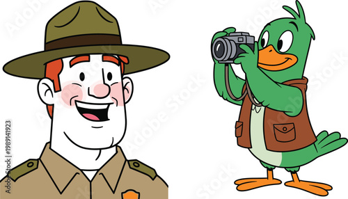 Cartoon ranger man and photographer duck vector illustration, funny characters with camera, wildlife theme, flat design isolated on white background