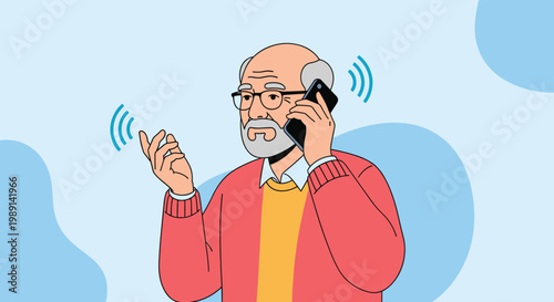 Bearded senior man wearing glasses and a red sweater talking on his mobile phone with blue signal waves around his head.