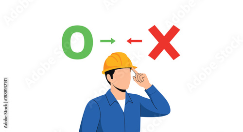 Construction worker in a yellow hard hat and blue uniform thinking between a green O for correct and a red X for incorrect.
