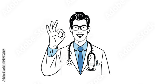 Confident male doctor in a white coat and glasses smiling and giving an okay hand gesture on a plain white background.