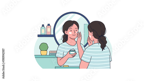 A young woman applying face cream to her cheek while looking in a mirror, performing her daily skincare routine.
