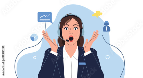Female customer support representative wearing a headset and looking shocked with her hands raised and mouth open in surprise.