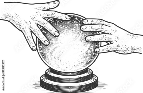 Mystic Crystal Ball Fortune Teller Hands Vintage Engraving Illustration