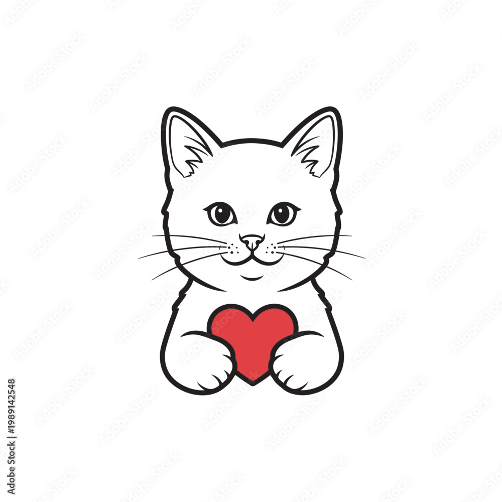 Obraz premium Cute Kitten Holding a Red Heart Illustration