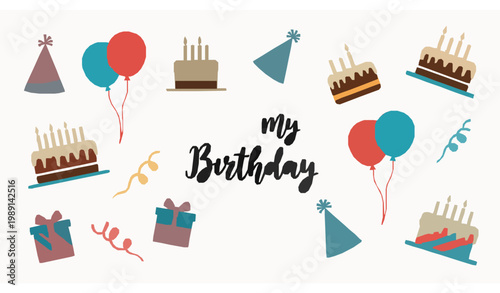 Playful birthday vector set with scattered cakes balloons gifts confetti party hats and expressive its my birthday lettering