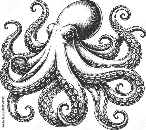 Octopus Vintage Engraving Detailed Sea Creature Marine Illustration