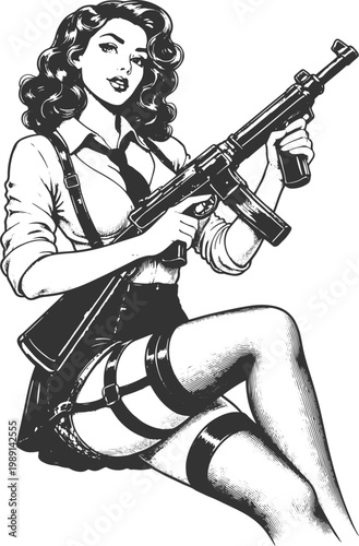 Vintage Pin-Up Woman Retro Engraving Style Elegant Female Illustration