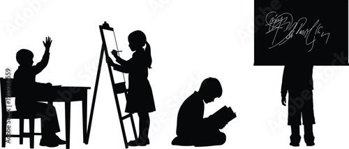 children learning and studying silhouettes set, kids reading drawing writing classroom education concept illustration isolated on white background