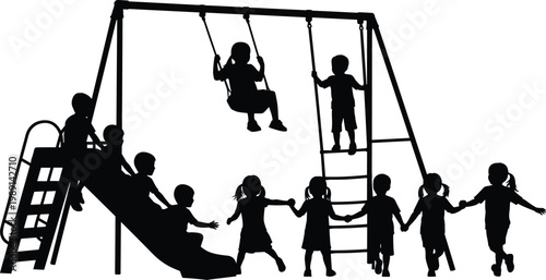 children playing on playground silhouettes, kids swinging sliding and holding hands outdoor activity illustration isolated on white background