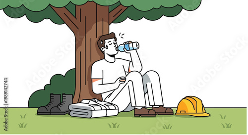 Tired construction worker drinking cool water while resting under a large tree in this vector illustration