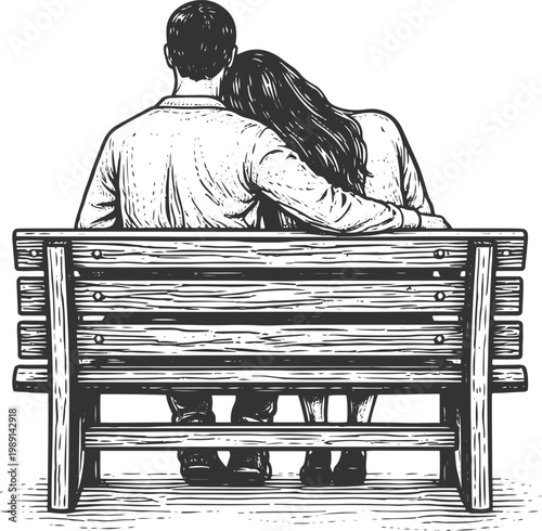Romantic Couple Sitting on Bench Love Vintage Engraving Illustration