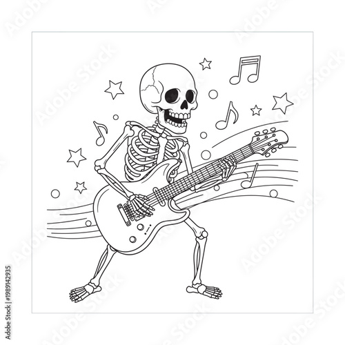 Rocking Skeleton Playing Electric Guitar Coloring Page